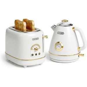 imageHazel Quinn Retro Breakfast Set  2Slice Toaster amp 17L Electric Kettle Bundle 6 Browning Levels ExtraWide Slots 1200W Fast Boiling All Stainless Steel Interior Thermometer  Pearl White